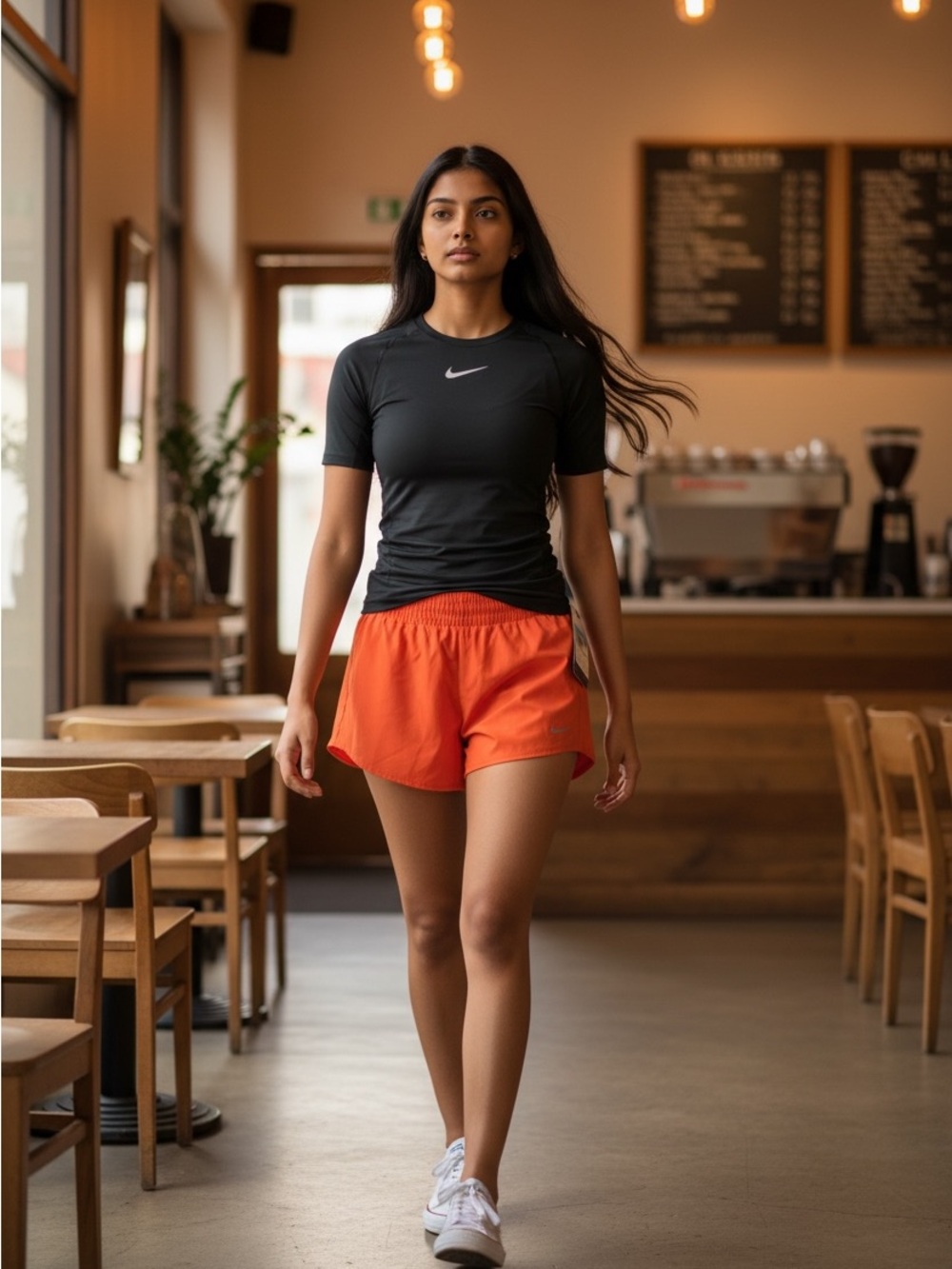 Nike Women’s Black Top with Bright Orange Athletic Shorts. The shorts are NWT
